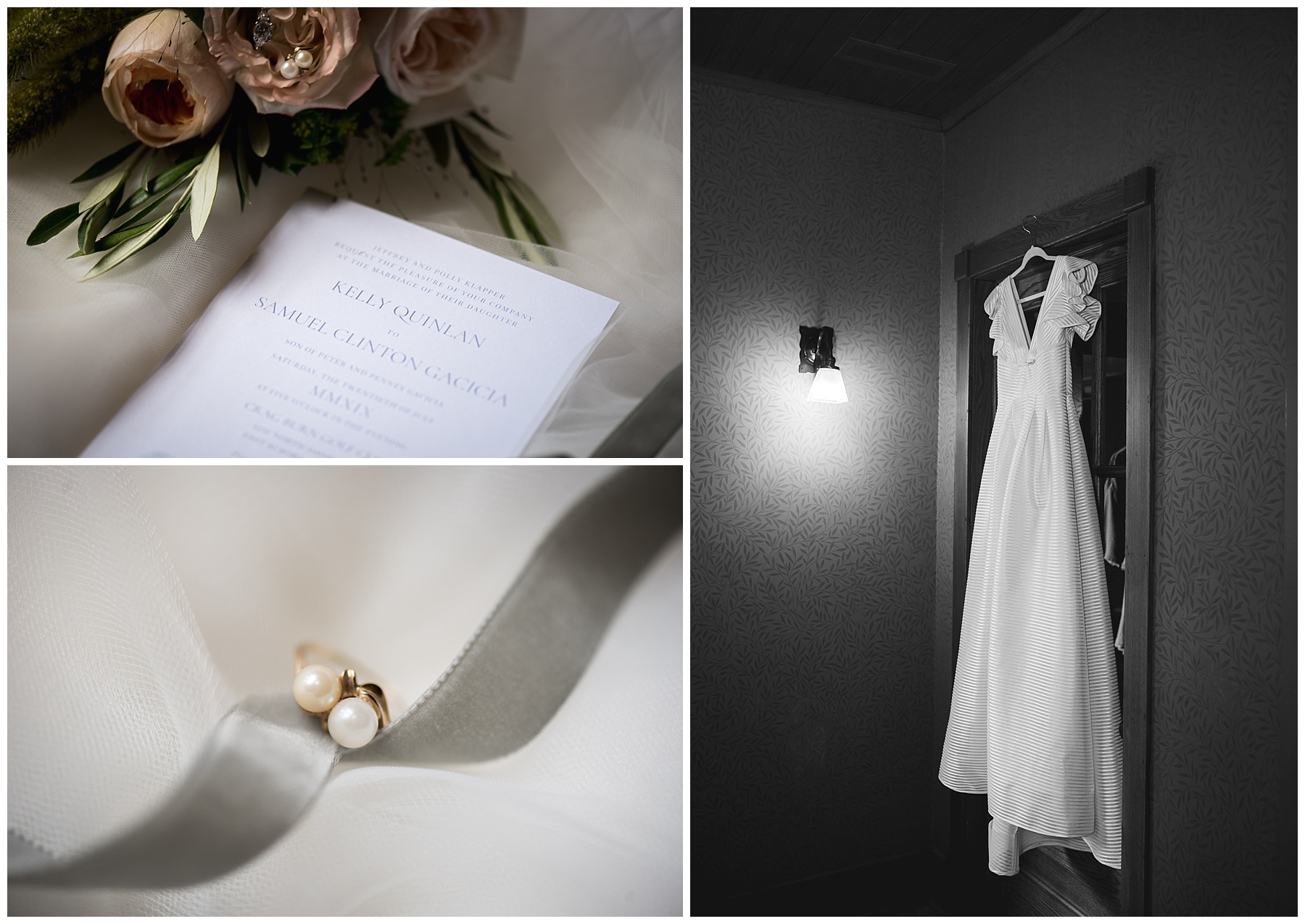 wedding day dress, invitation, and pearl earrings