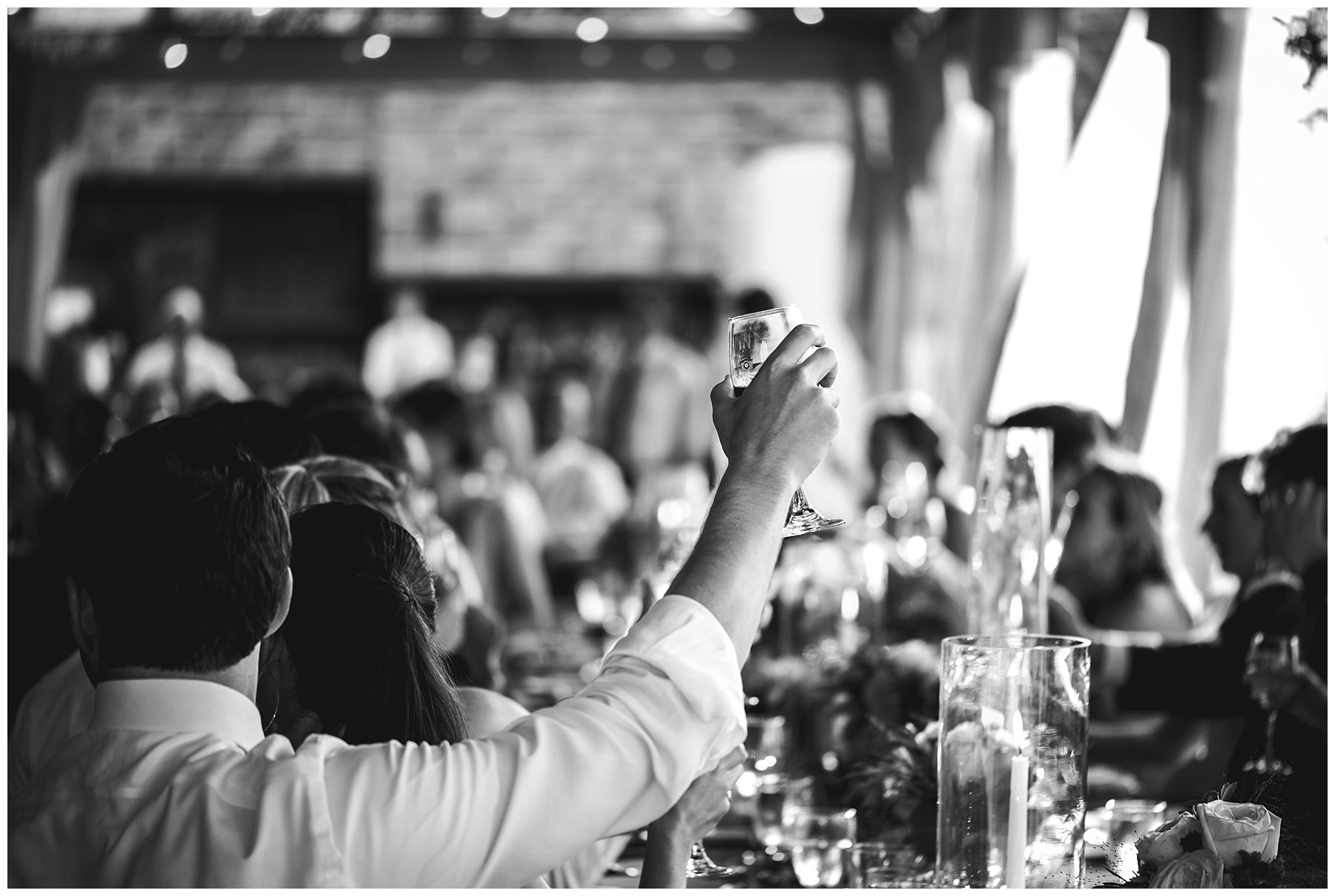 guests toasting couple during wedding reception